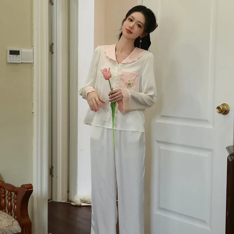 SXTHAENOO Comfortable Pajama Casual Shirts French Princess Ice Silk Pijamas Set For Women Simple Pocket Flower 2Pices Sleepwear