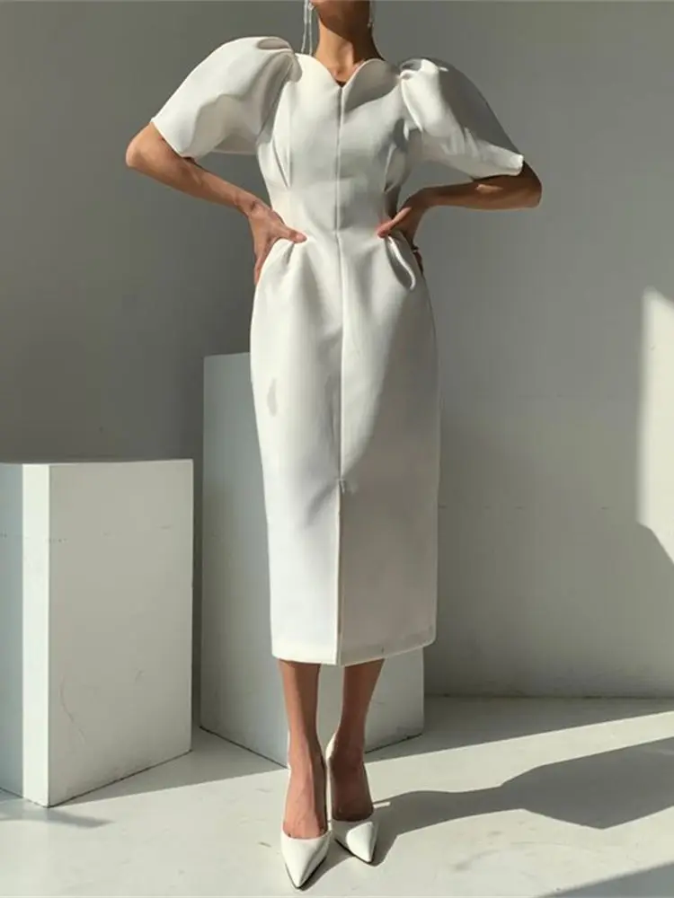 Elegant Women Short Puff Sleeve Summer Dress 2022 Korea Style Office Lady One Piece Slim Waist Female Fashion Clothes Vestdios
