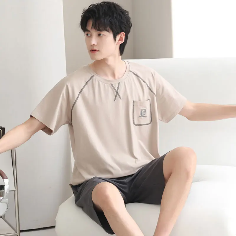 2피스 세트 남성용 여름 홈웨어, 통기성 좋은 면 소재 나이트웨어, 젊은 남성용 잠옷, 파자마, 남성용 면 파자마