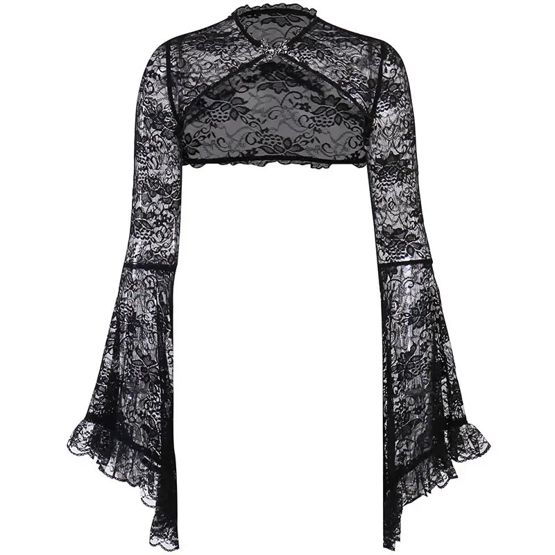Lace Shrugs Sheer Crop Tops Long Bell Sleeves Cardigan Women