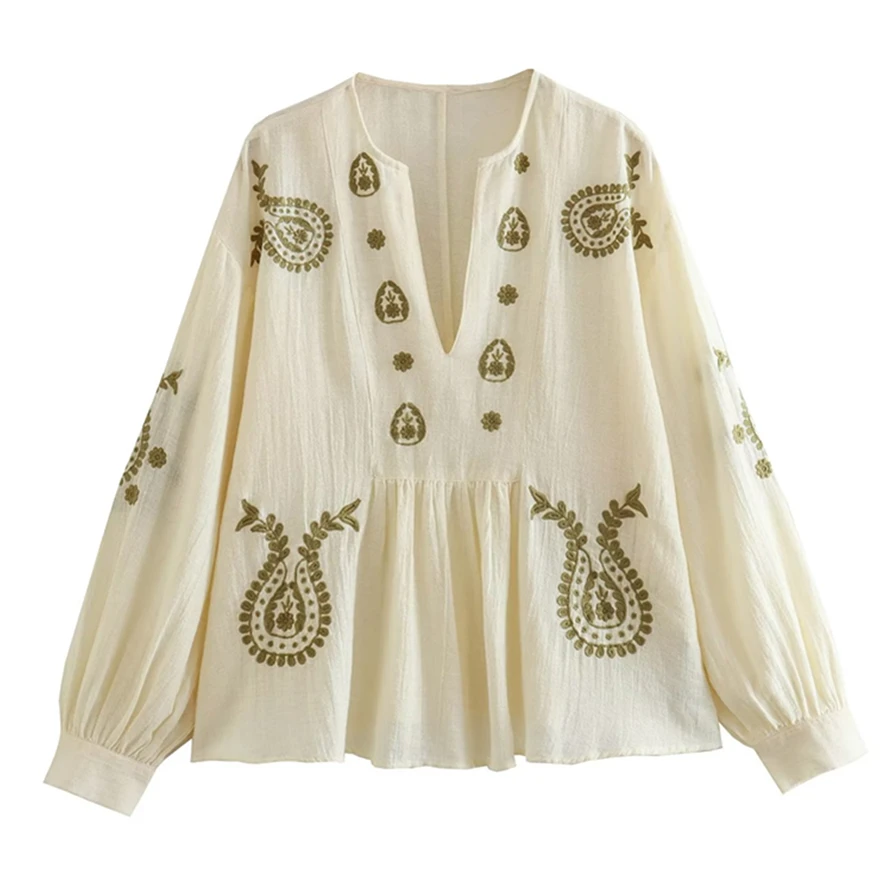 

Maxdutti Moroccan Bohemia Retro Blouse Women Geometric Embroidery Shirt Pure Cotton Bat Sleeve Loose Top