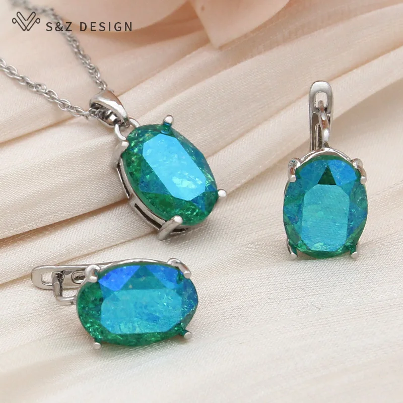 S&Z DESIGN New Fashion 585 Rose Gold Color Egg Shape Oval Crystal Drop Earrings Jewelry Sets For Women Party Pendant Necklace