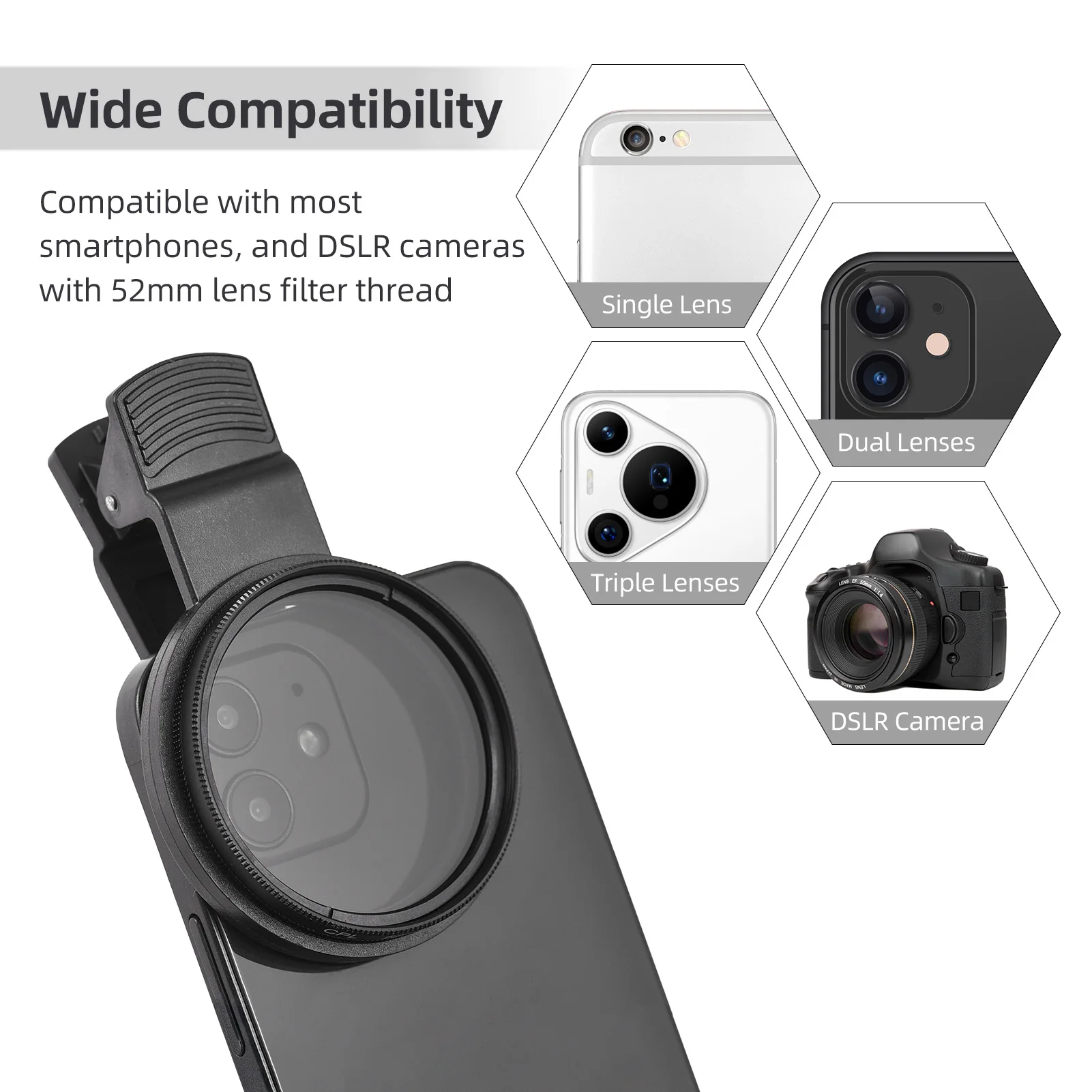 52mm CPL Filter Phone Camera Lens Clip-on Polarizer Filter Lens Clip for iPhone 15/14/13/12/11 Smartphones for Canon Nikon DSLR camera lens filter
