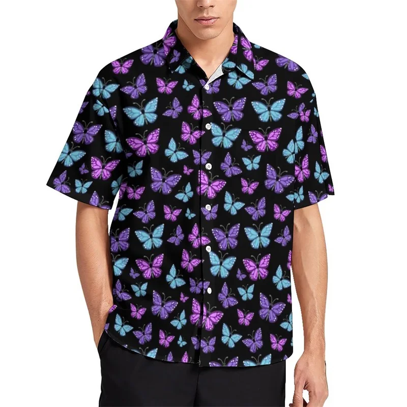 thumbnail image 1 of Camisas de verano para hombre, blusas con estampado de mariposas en 3D, camisas informales de manga corta de gran tamaño para playa, camisas holgadas con botones para hombre, 1 of 5