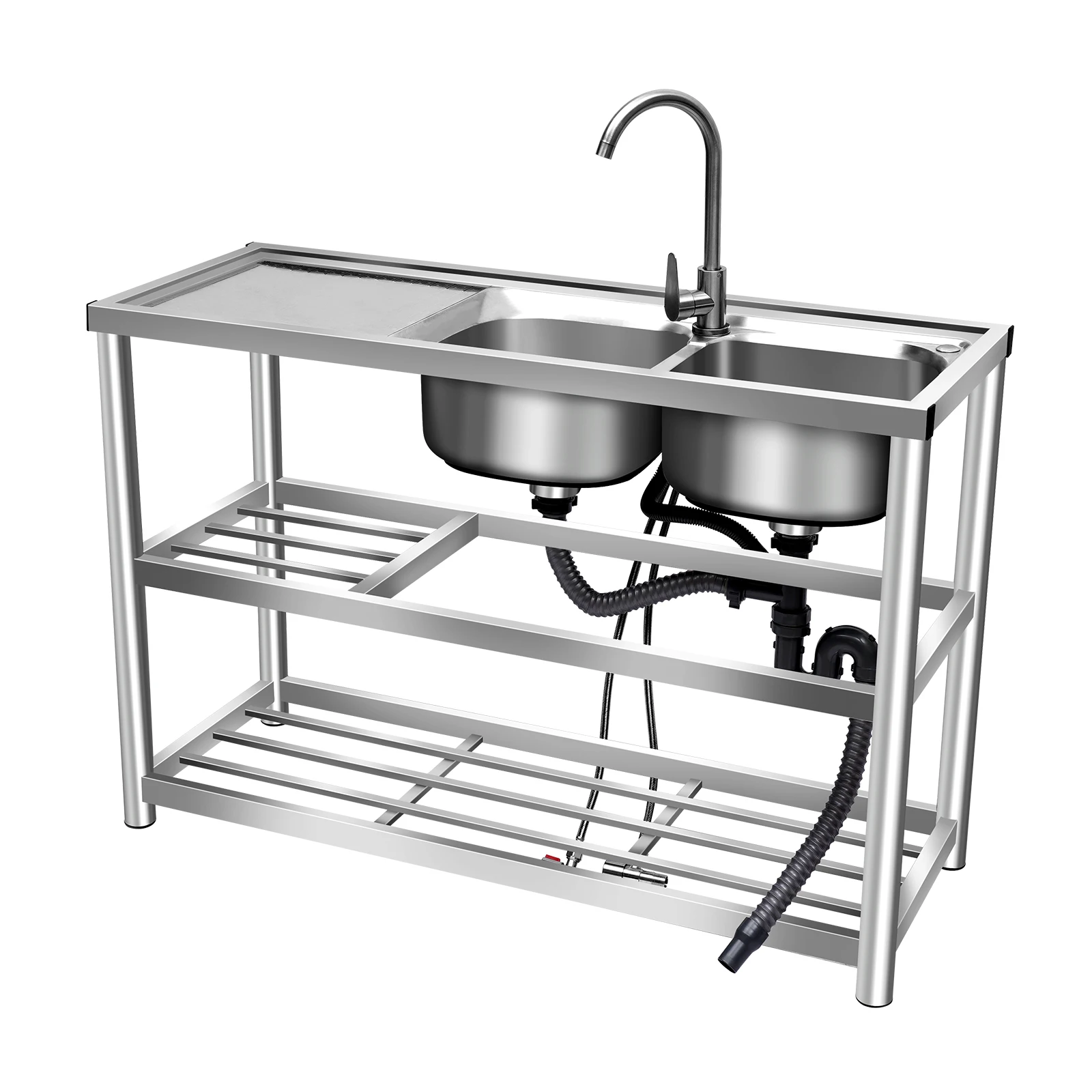 Kitchen Commercial Sink with 2 Bowls 2 Compartment Utility Sink with 2 Drainer & 2 Shelves 304 Stainless Steel 6