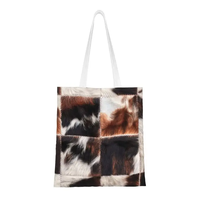 

Kawaii Printed Checkered Cowhide Fur Tote Shopping Bag Recycling Canvas Shopper Shoulder Animal Leather Texture Handbag