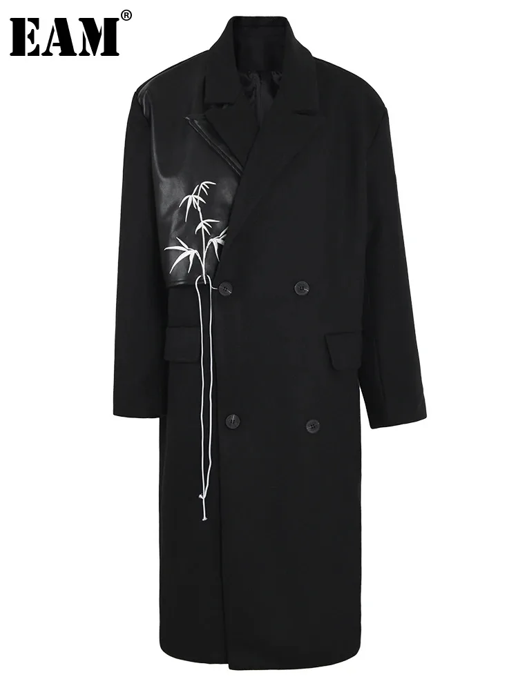 

[EAM] Black Embroidery Big Size Long Woolen Coat New Lapel Long Sleeve Women Jacket Fashion Tide Autumn Winter 2024 CPG1049