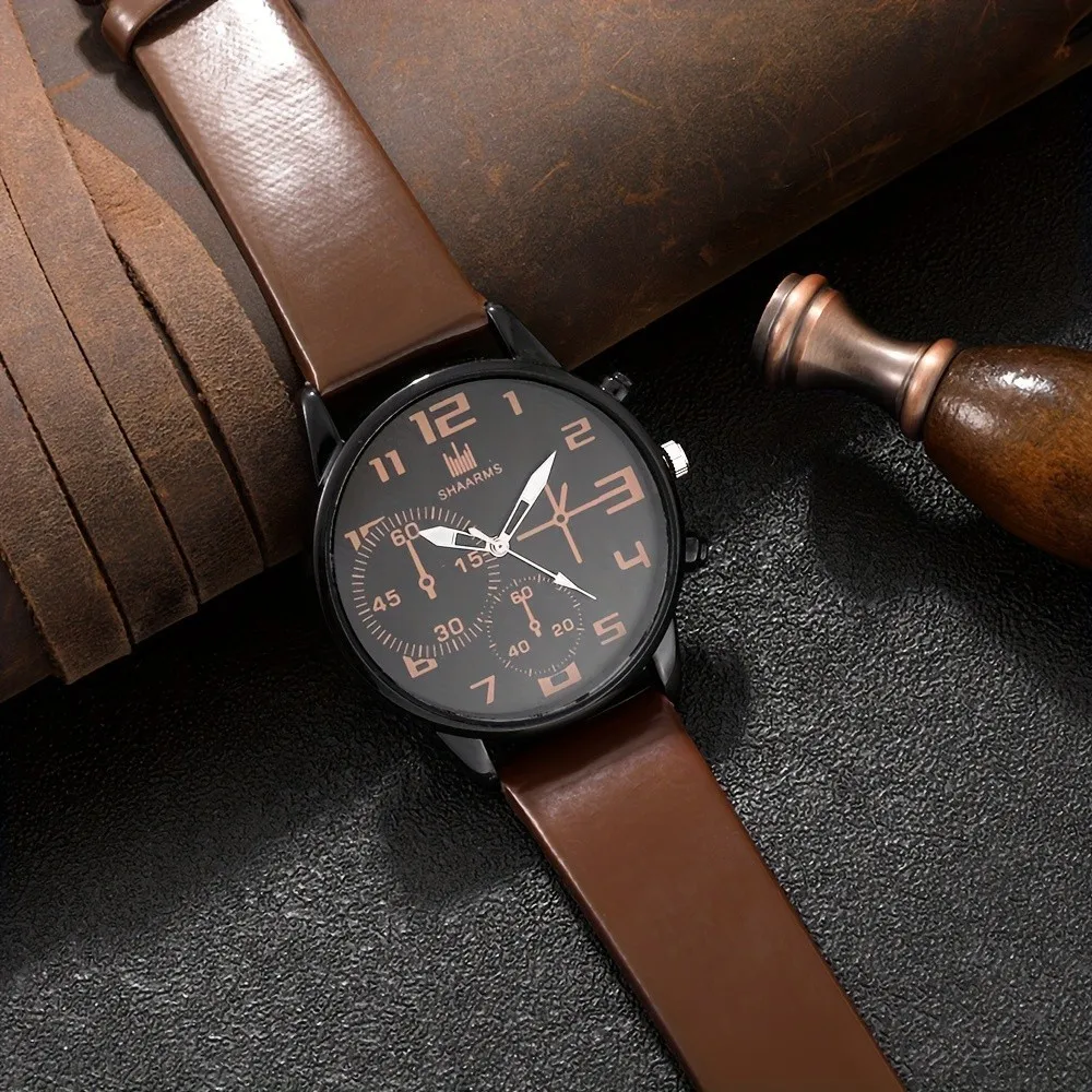 Kegllect 5PCS Men Quartz Watch Round Dial Leather Strap  Bracelet Set Ideal Choice for Gifts(Without Box) 6