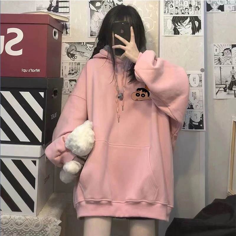 cámara Votación Si Crayon Shin Chan suéter con capucha para mujer, suéter grueso de doble capa  con estampado de dibujos animados para parejas| | - AliExpress