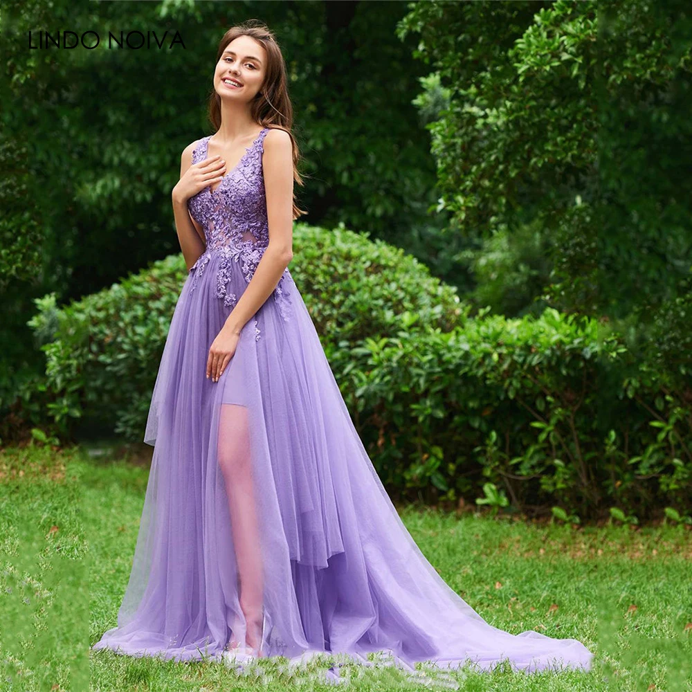 

Lilac Lace Appliqued Evening Dresses A Line V Neck Spaghetti Straps Backless Prom Gowns Formal Occasion Party vestidos de gala