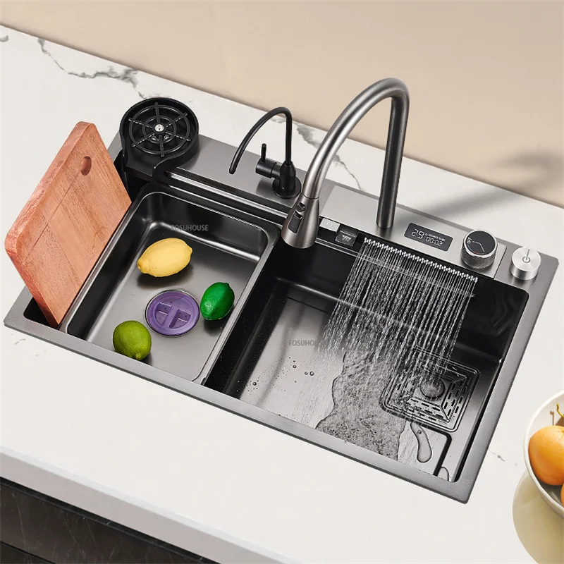 304StainlessSteelWaterfallKitchenSinkNanoCountertopSink