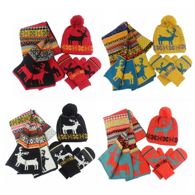 

Elk Pattern Winter Hat Thicken Warmer Adult Glove Scarf Suits for Women Cartoon Knitted Cap Cold Winter Necessary