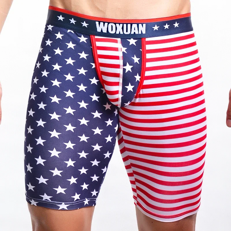 Men's Underwear Long Boxers Slim Fit Home Fitness Tights American Flag Printing Underpants Male Trunk Five Minutes Boxers 4
