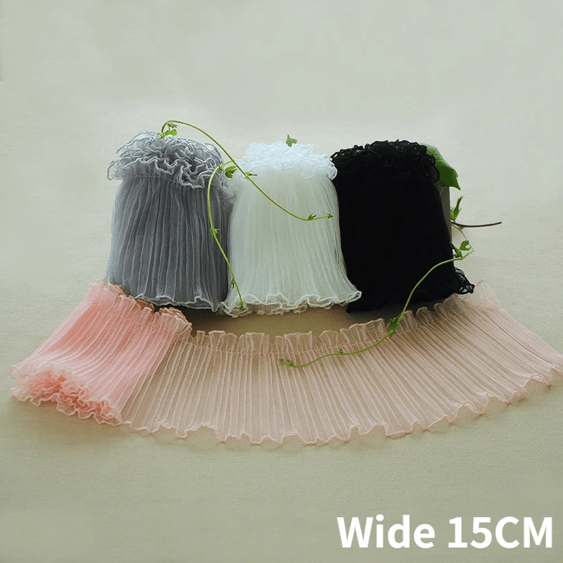 15CM Wide Tulle Mesh Pleated Fabric Needlework Ruffles Ribbon Frills Lace Collar Fringe For Sewing Dress Curtains Apparel Decor