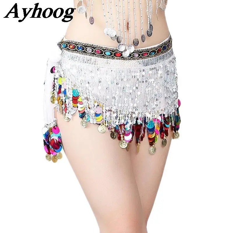 

Adult BellyDance Hip Scarf Sequins Tassel Waist Belt Tribal Dance Hip Wrap Chiffon Skirt with Rhinestones Oriental Dance Costume