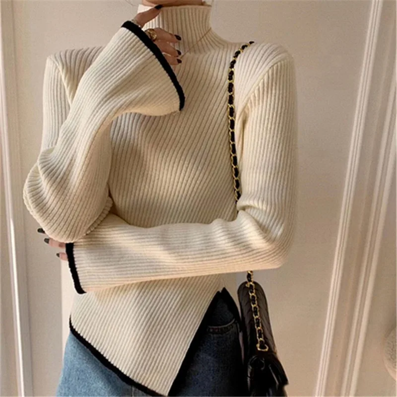 

Autumn New Korea Slim Woman Sweater Pullover Turtleneck Flare Sleeve Jumper Winter Side Slit Elegant Chic Knitted Y2k Tops