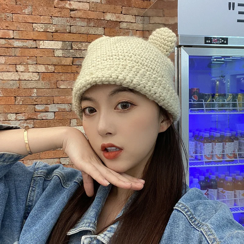 

2022 Korean Ears Dimensional Knitting Cute Skullie Cap Women Tide Autumn and Winter Warm Casual Fashion Beanies Hat Gorras