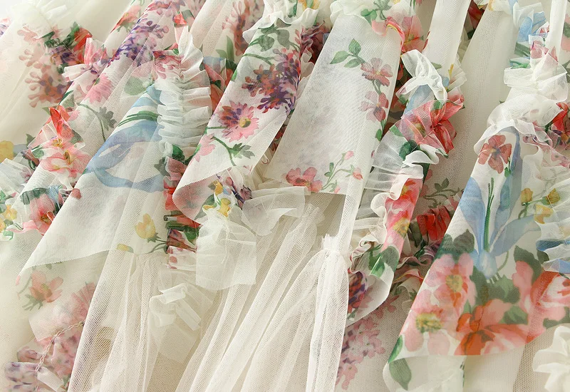 Palace Printed Irregular Gauze Skirt 2024 Temperament Fairy Medium Length Sweater Floral Print Mesh Long Skirts for Women