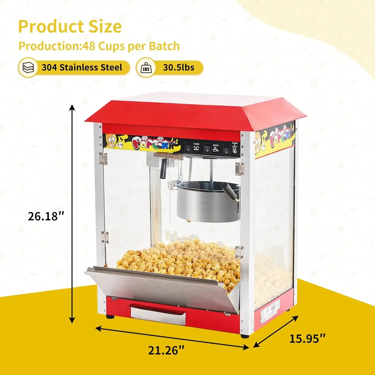 Popcorn Machine, 10 Oz Kettle, 1300W Countertop Popcorn Maker for 60 Cups per Batch, Movie Theater Popcorn Popper with 3-Switch 3