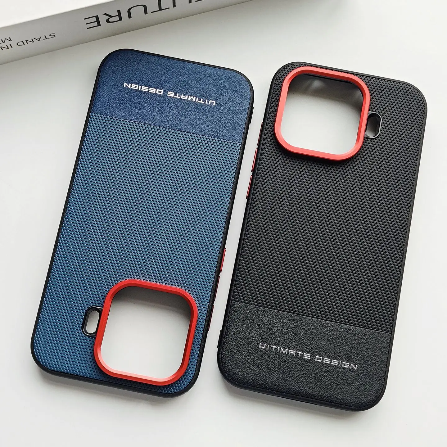 Triangular Textured Leather Case with Red Ring Lens Frame and Shockproof Bumper - Simple Red
