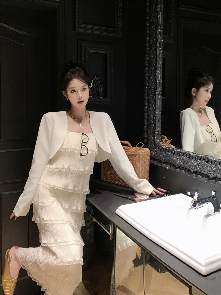 

White Two Piece Sets Womens Outifits Fashion Short Blazer & Long Cake Dress Sets Conjuntos De Falda Elegant Ladies Vestido Suits