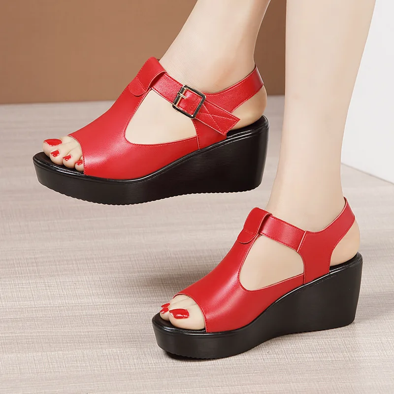 

High 6CM Summer New Strap High Heels Wedges Sandals Red Ladies Sandal Shoes Plus Size 34-43 Platform Sandals Women Wedding Shoes