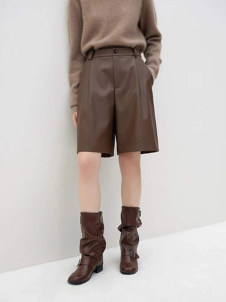 

FSLE British Retro Style Leather Shorts For Women's Winter 2023 New Straight Leg Pants High Waist Women Pants Casual Loose