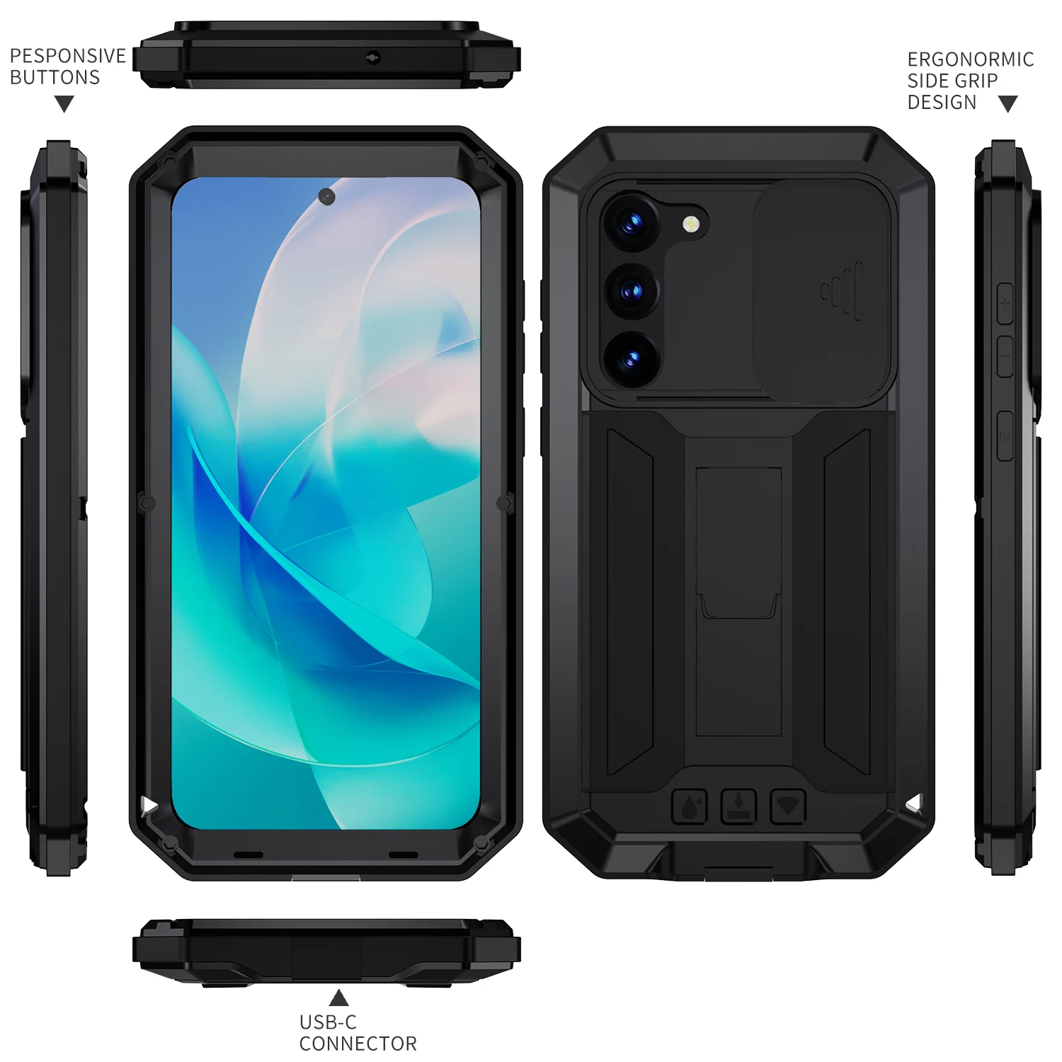 Rugged Armor Shockproof Protective Case with Kickstand - Aluminum Metal Cover
