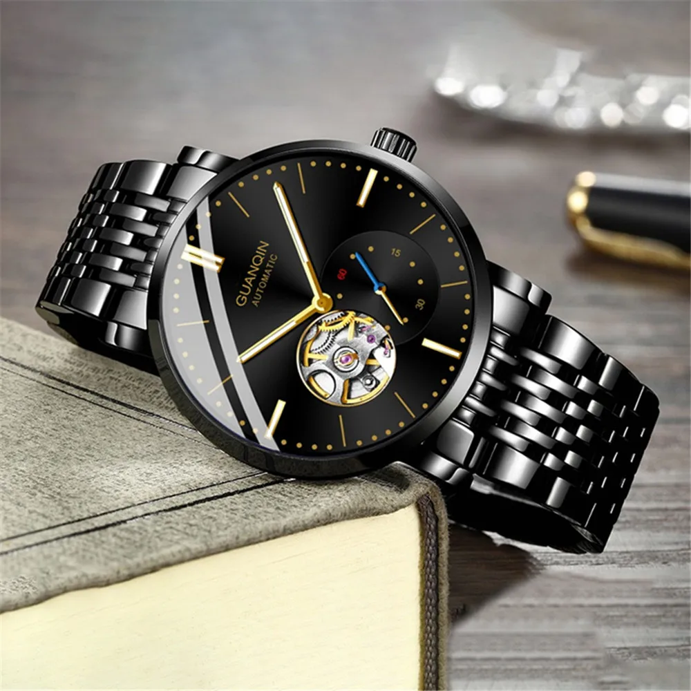 Orologio da polso da uomo GUANQIN con scheletro automatico, meccanico, a carica automatica, in acciaio inossidabile, luminoso, stile vintage, con zaffiro e impermeabile_voghion.com
