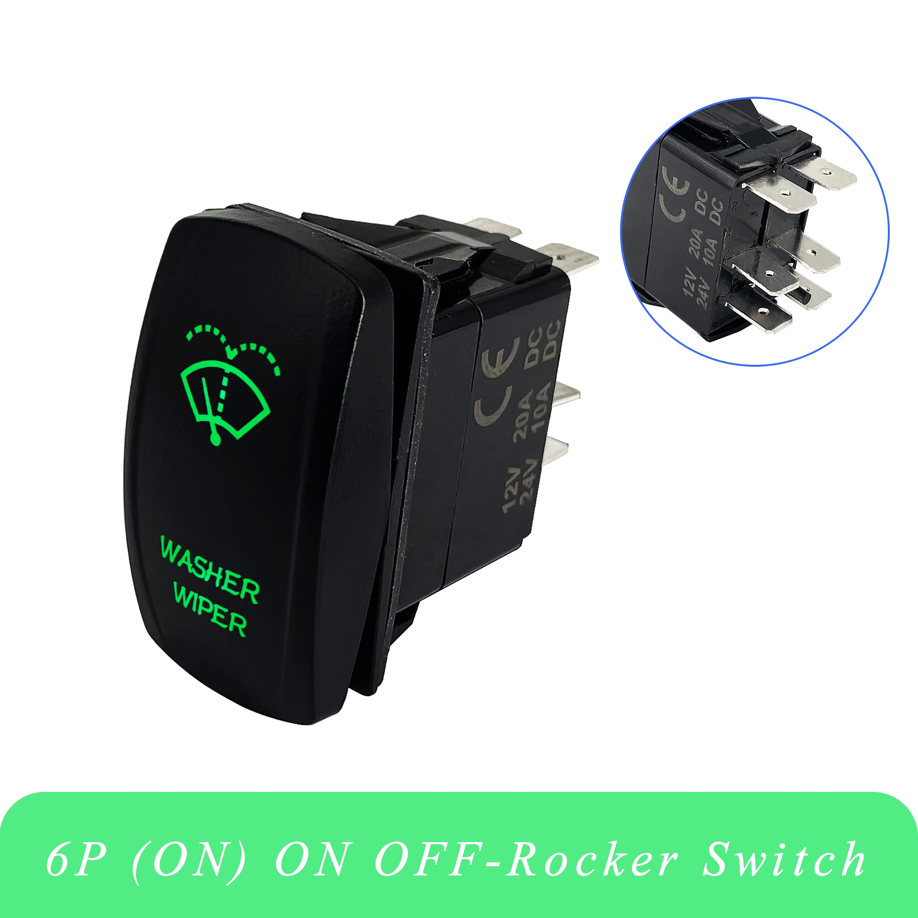 

Washer Wiper AUTO / MEN Rocker Switch (ON) ON OFF DPDT 3 Positions Green Led for Car Boat Universal Waterproof IP68