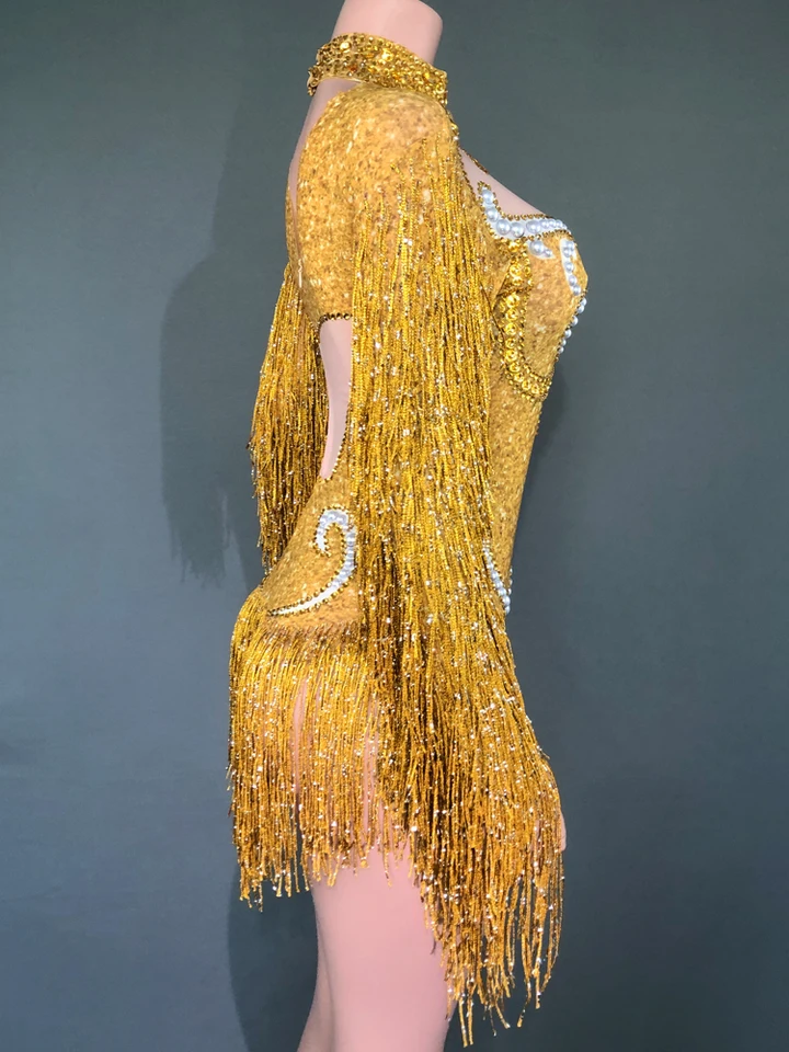 thumbnail image 2 of Sparkly Gold Rhinestone Bodysuit - Latin Dance Club Wear With Crystal Fringe 2 of 14