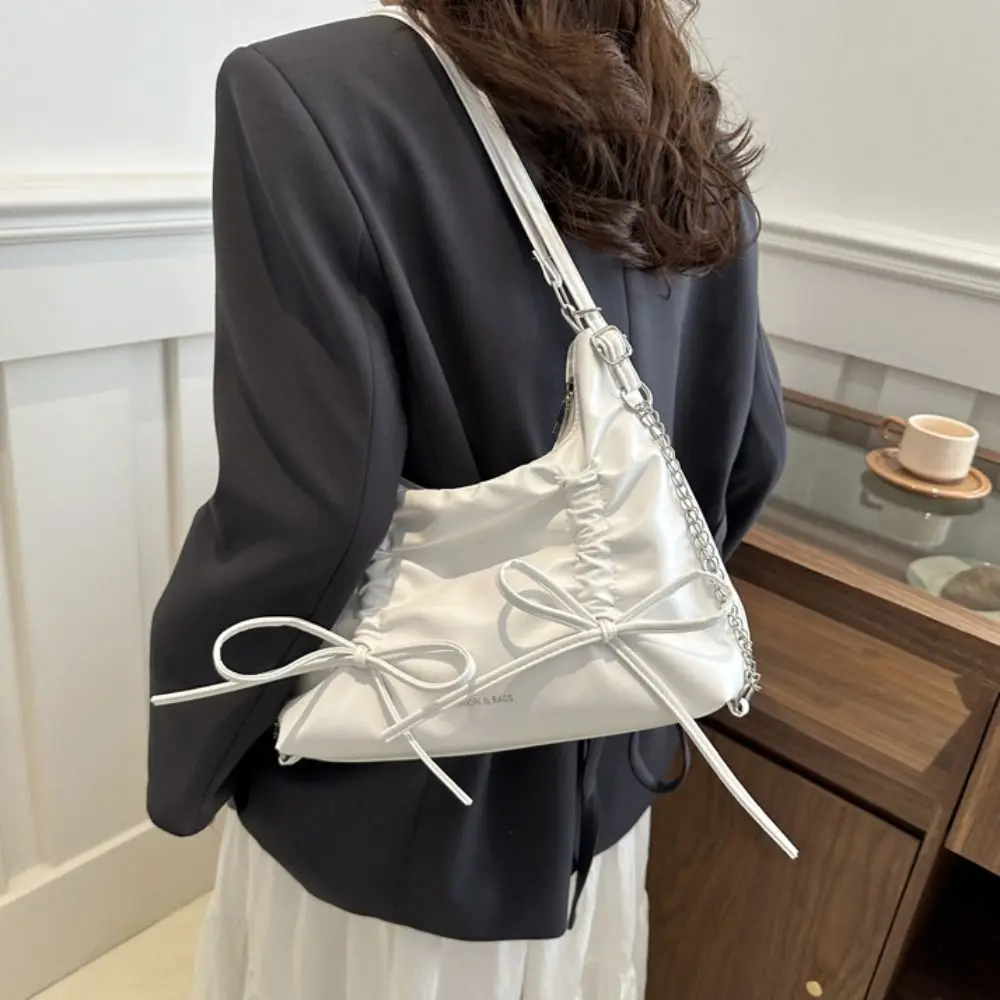 PU Leather Bowknot Shoulder Bag Portable Large Capacity Zipper Girl Crossbody Bag Message Bag Underarm Bag Bow Tote Bag Outdoor