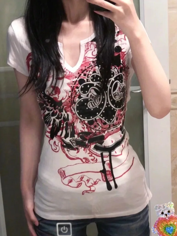 HOUZHOU Punk Harajuku Graphic Tshirts Women Japanese Style Y2k Vintage 2000s Aesthetic Grunge Top Gothic Short Sleeve Streetwear 6