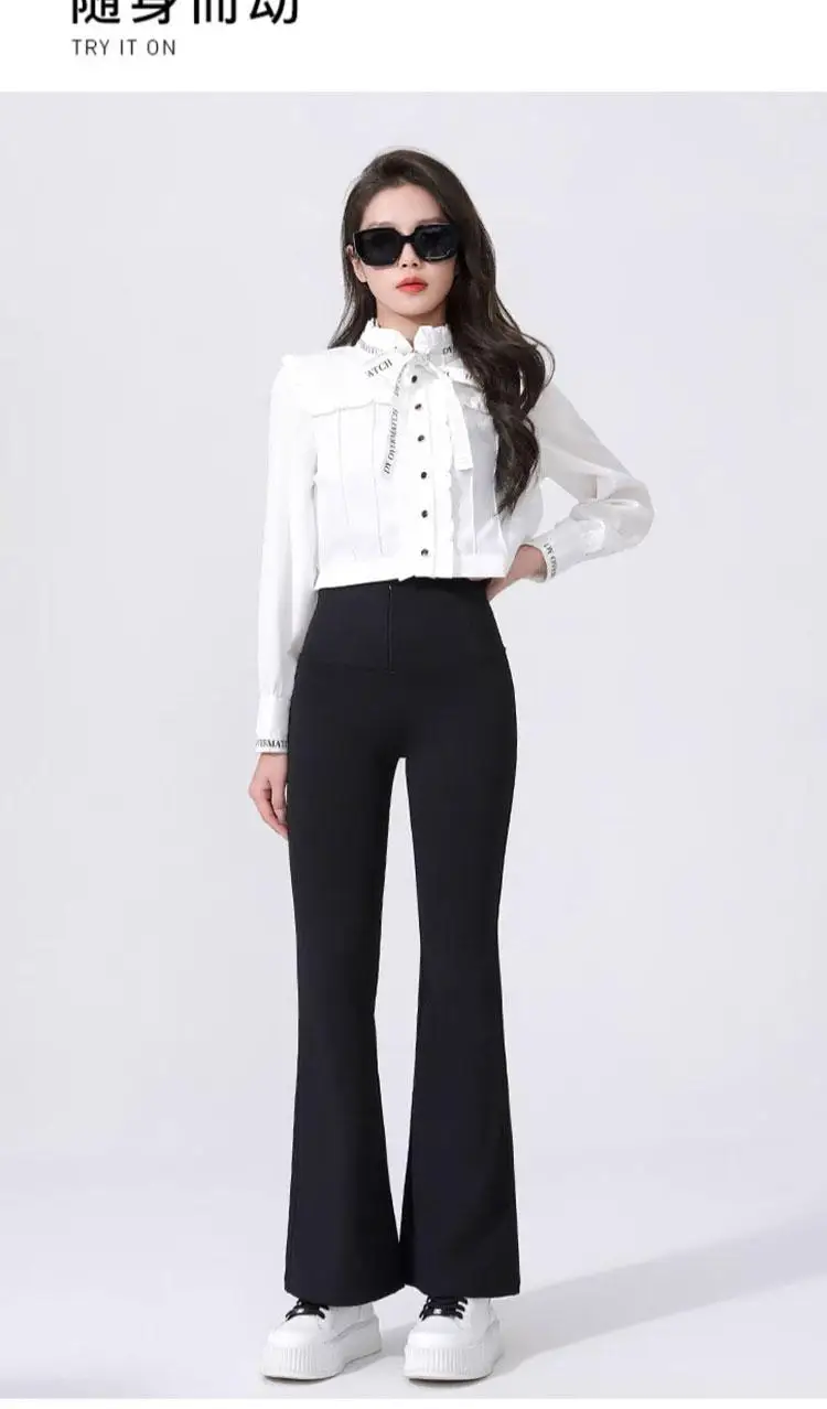 

2024 Spring/Summer Comfortable Outwear with High Waist, Fashionable Hip Lift, Wide Curled Heels, and Slimming Flare Pants