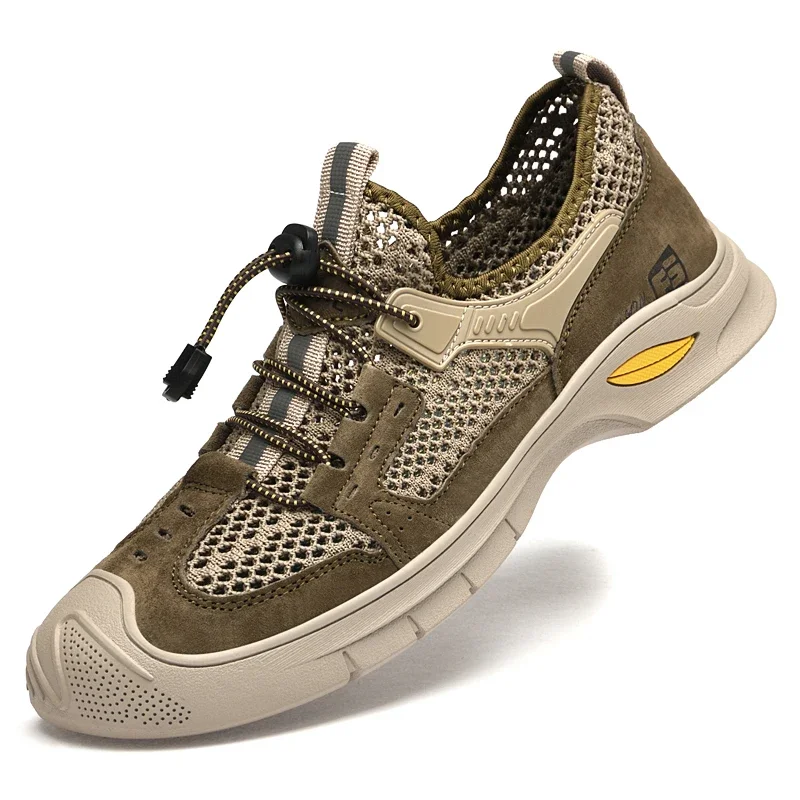 

Men Large Sport Casual Leather Mesh Panel 2024 Outdoor Mountaineering Sandals Breathable and Comfortable Flat Bottom Casual Shoe