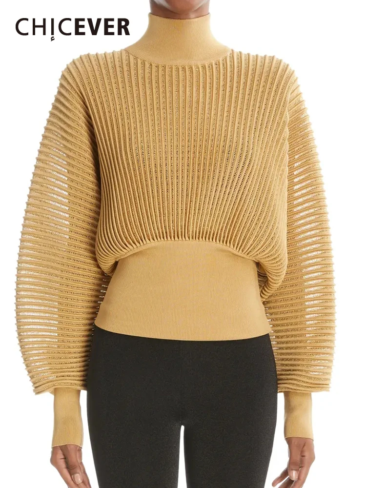 

CHICEVER Fashion Chic Pullover Sweaters For Women Turtleneck Lantern Sleeve Solid Casual Loose Autumn Knitting Sweater Female