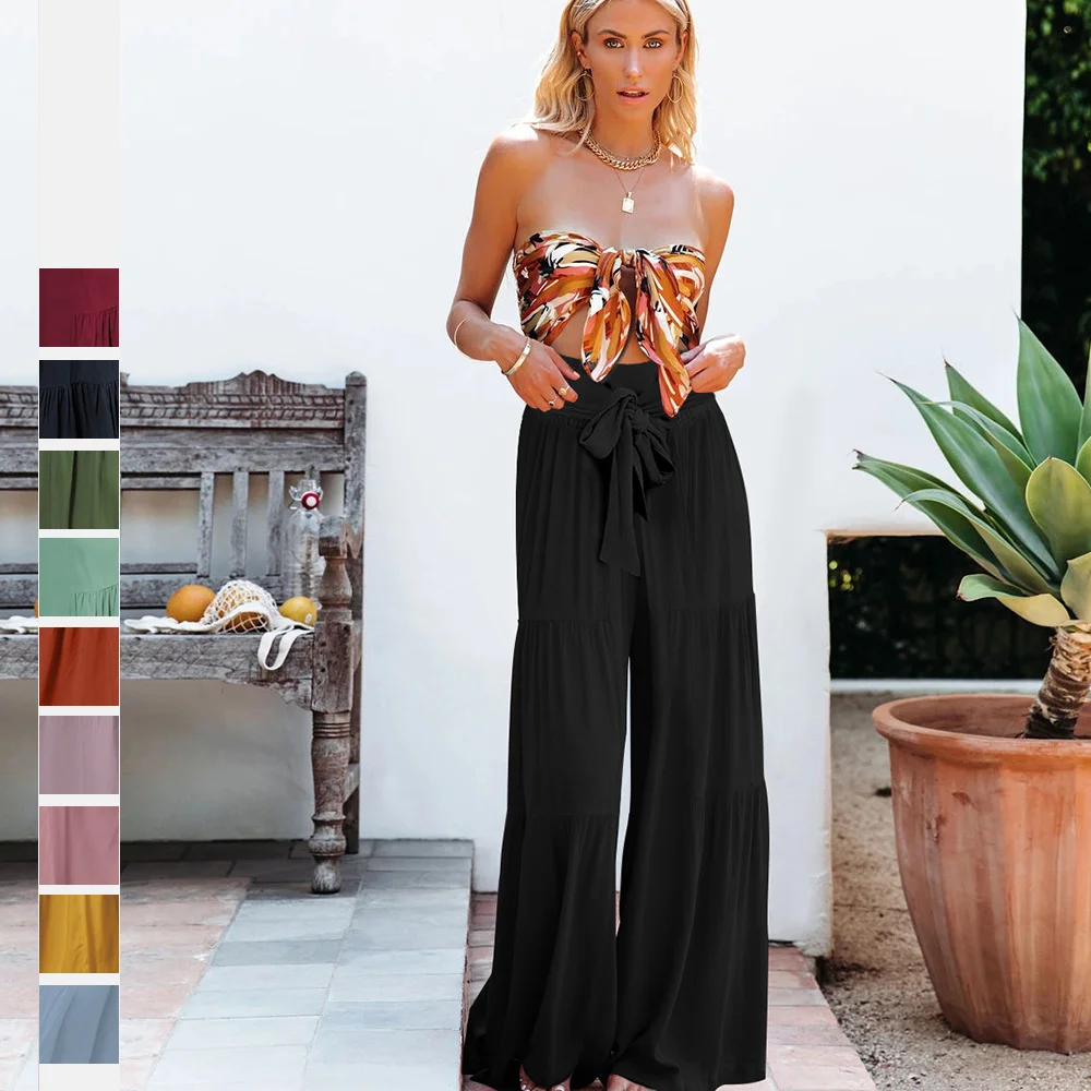 

Brand New Summer Women Lace Up Wide Leg Pants Fashion Solid Casual Trousers Lightweight Loose Folds Pants