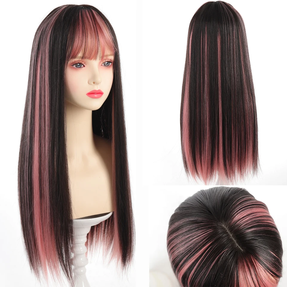 Black And Pink Long Straight Hair With Bangs Synthetic Cosplay Lolita Sweet And Cute Girl Daily Wig Halloween Christmas gift﻿