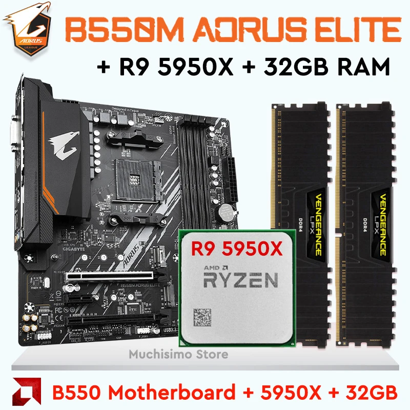 5950X CPU Combo DDR4 Gigabyte B550M AORUS ELITE AM4 + AMD 9 5950X + 32GB DDR4 3200MHz RAM AMD Mainboard| | - AliExpress