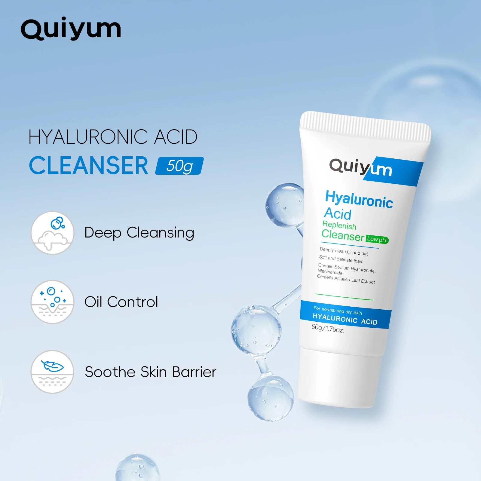 Quiyum Hyaluronic Acid Replenish Cleanser 50g/100g Low‑pH Deep Pore Cleansing Oil‑Control Hydrating Soothing Facial Wash