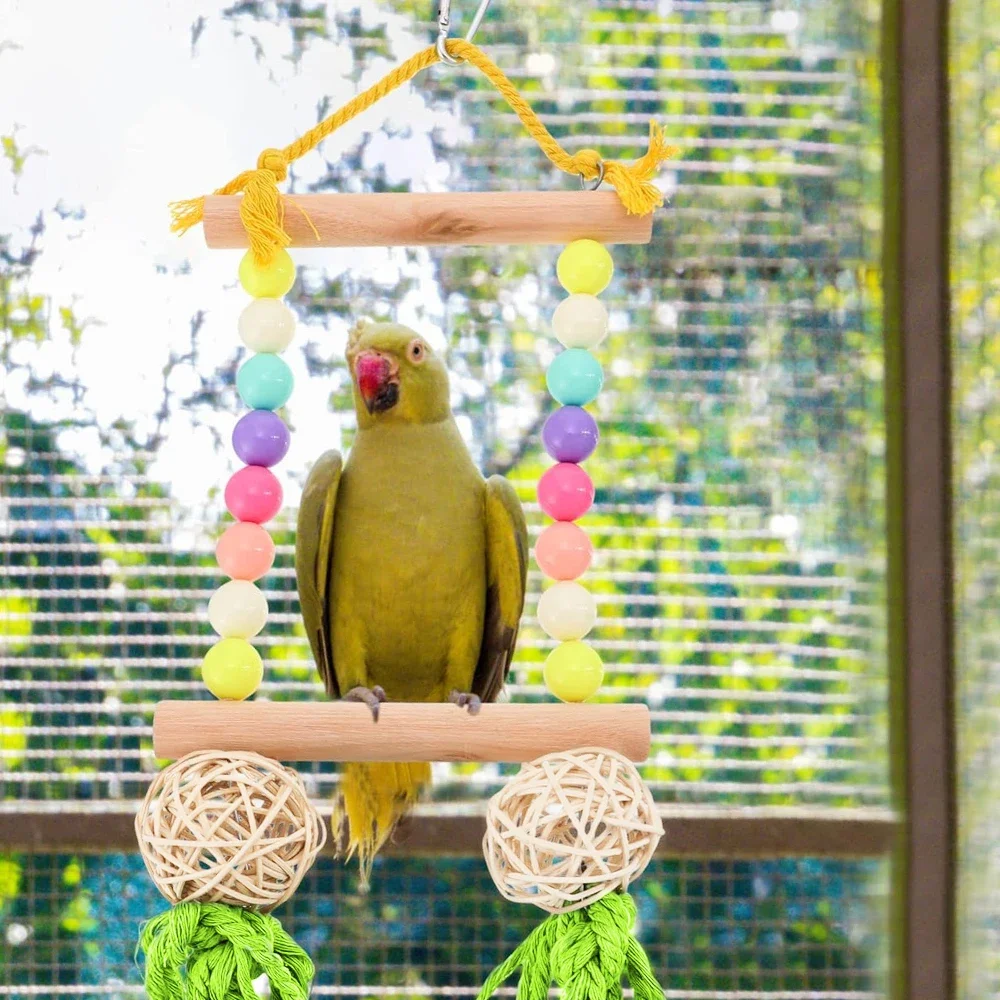 Random Color 1pc Beaded Solid Wood Bird Swing Toy with Bell Perch Claw Care Stand Toy for Parrot BirdCage Decorative Accessories