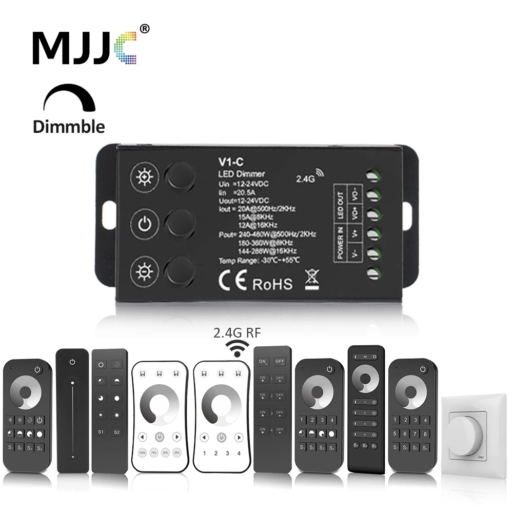 DC 12V 24V LED Dimmer Switch 20A Constant Voltage Controller for 5050 2835 FCOB Single Color Strip Light 2.4G RF Remote Control