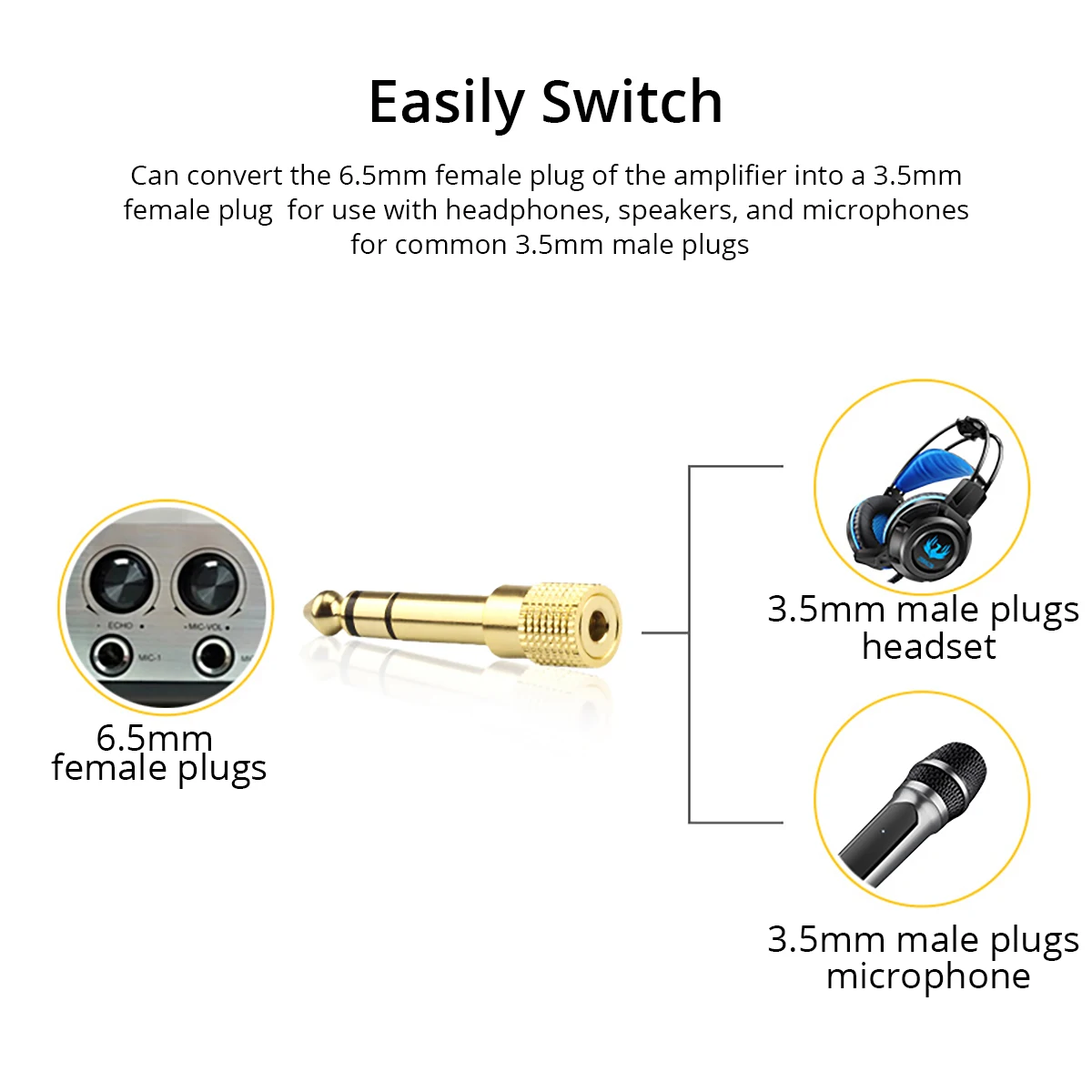 Durable Gold-Plated Audio Jack Converter - 6.35mm to 3.5mm Adapter