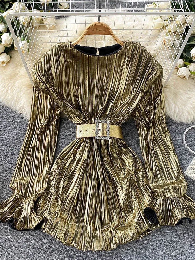 

Women Gold Draped Party Dress With Sashes Female Elegant Round Neck Flare Long Sleeve Bling Vintage Mini Vestidos Spring Autumn