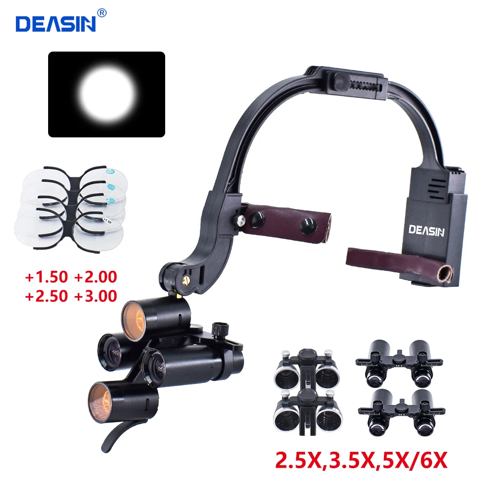 Deasin 5x/6x Dental LED Scheinwerfer Fernglas/Kepler Lupen Stirnband einstellbar 5w Zahnarzt chirurgische Scheinwerfer Zahnmedizin Lupe