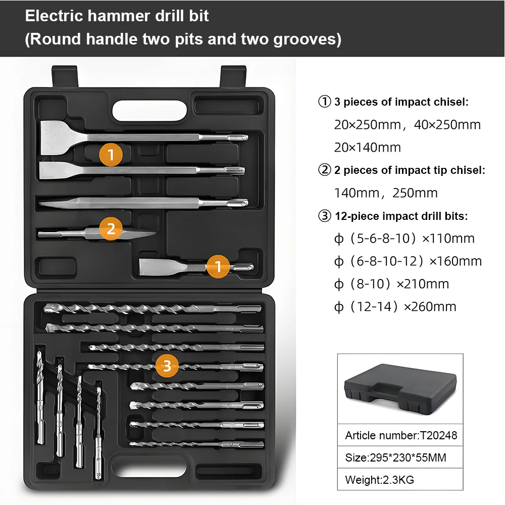 Impact Chisel Impact Drill Bit 17pcs Tool Set Durable Round Handle Cross Electri