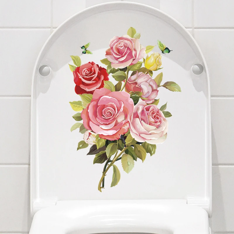Watercolor Floral Rose Peony Green Leaves Wall Sticker Bathroom Toilet Sticker Self Adhesive Mural Flower Home Decoration Decals
