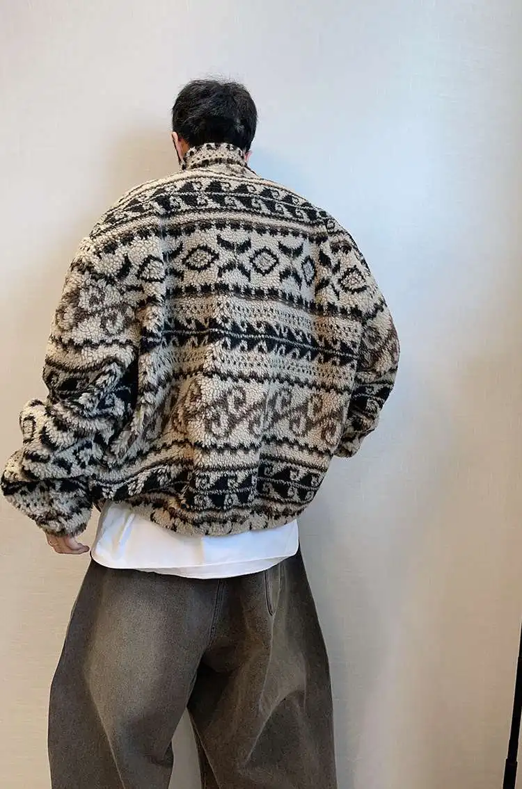 Winter Ethnic Jacquard Sherpa Jacket Men Geometry Stand Collar Coat Thickened Warm Fur Jacket Street Zip-Front Winter Outerwear