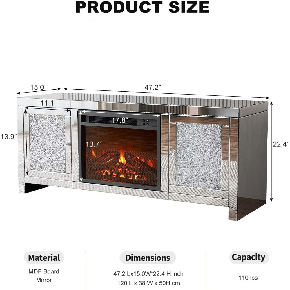 Mirror Fireplace TV Cabinet, Mirror Media Entertainment Center, Silver TV Console Table, Living Room Mirror Furniture 6