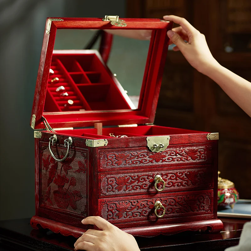 Drawer Jewelry Box Storage Solid Wood Jewelry Boxes Organizer Big Size Women Ring Necklace Bracelet Earrings Display Accessory